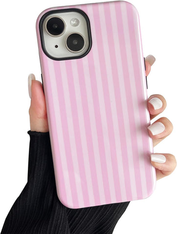 Compatible with iPhone 15 Case, Cute Fashion Aesthetic Striped Pattern Cover for Women, Shockproof Soft TPU and Hard PC Protective Phone Case for iPhone 15 6.1"- Pink