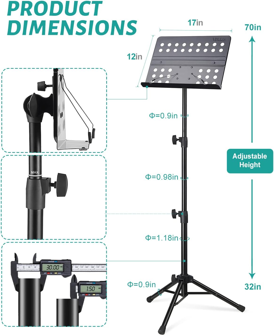 Vekkia 70 - inch Metal Professional Portable Perforated Sheet Music Stand