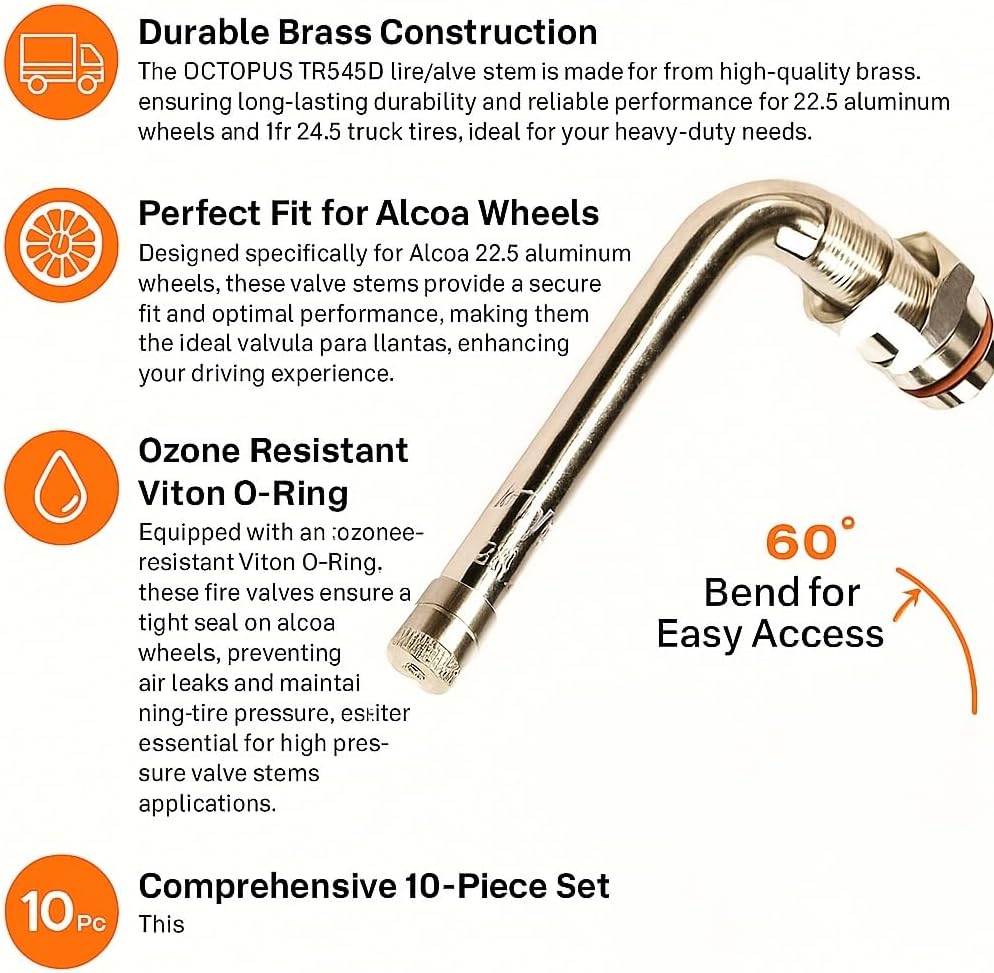 BEROEA TR545D Clamp-in Brass Tire Valve Stem for Trucks & Buses, 60° Bend, Fits 22.5 & 24.5 Alcoa Aluminum Wheels, 9.7mm Rim Hole, Ozone Resistant Viton O-Ring (20)