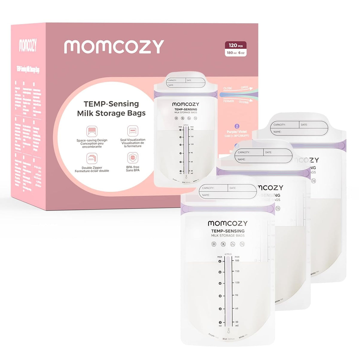 Momcozy Breastmilk Storage Bags, Larger Temp-Sense Area&Double Zip, 120ct