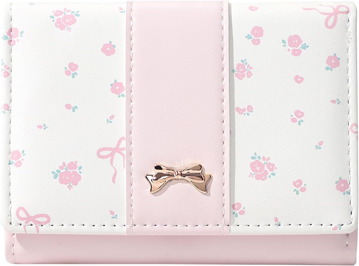 Cute Coquette Floral Bow Small Wallet for Women Girls (PINK)