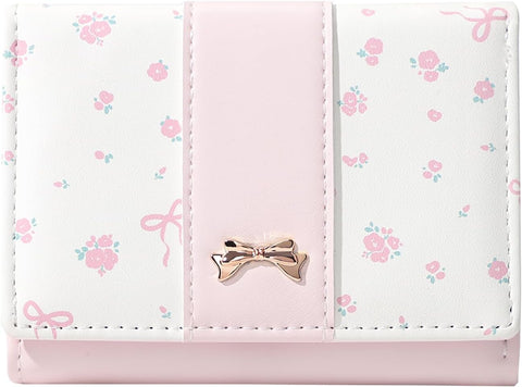 Cute Coquette Floral Bow Small Wallet for Women Girls (PINK)