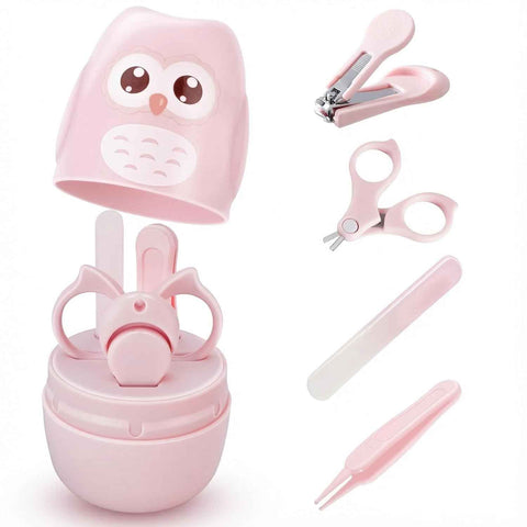 Baby Nail Kit with Owl Case, 4-Piece Infant Manicure Set, Pink