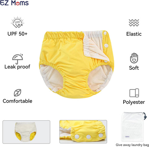 EZ Moms 2 Packs Reusable Swim Diapers Infant Baby Swim Diapers 6-9 Months Washable Snap Pool Swimming Diaper 3-6 Months Newborn Water Diaper for Swimming Lessons Boys and Girls with a Laundry Bag