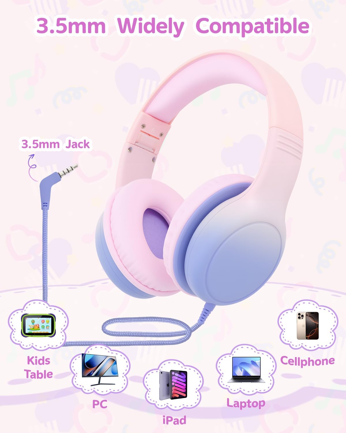 Over Ear Kids Headphones with HD Mic, Safe Volume Limited Wired Headphones for School, Travel, Stereo Sound Headphones with Cord, Foldable 3.5mm Headphones for iPad, Laptop, PC, Pink-Blue
