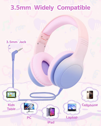 Over Ear Kids Headphones with HD Mic, Safe Volume Limited Wired Headphones for School, Travel, Stereo Sound Headphones with Cord, Foldable 3.5mm Headphones for iPad, Laptop, PC, Pink-Blue