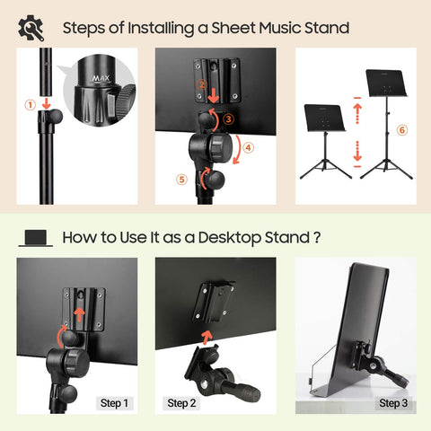 CAHAYA 5 in 1 Dual-use Sheet Music Stand & Desktop Book Stand Metal Portable Solid Back Height Adjustable from 31.4-57in with Book Stand Support, Carrying Bag, Sheet Music Folder and Clip