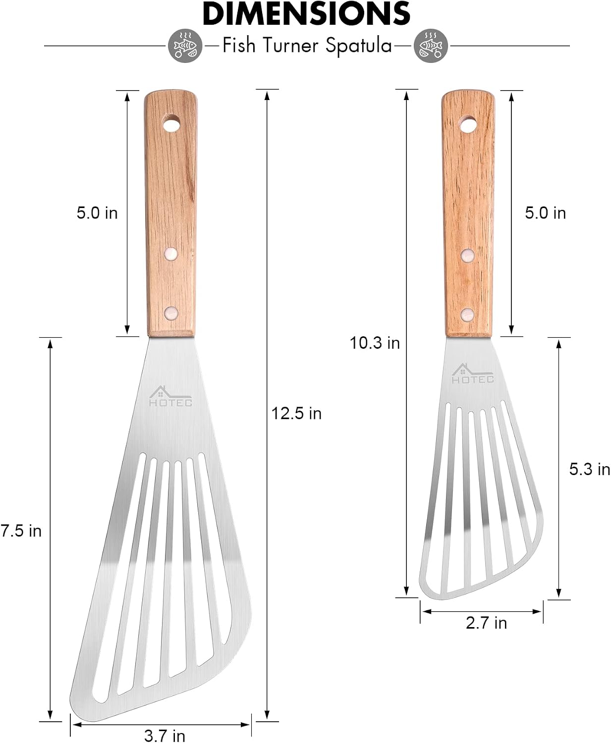 HOTEC 2-Pack Stainless Steel Fish Spatula, Wooden Handle