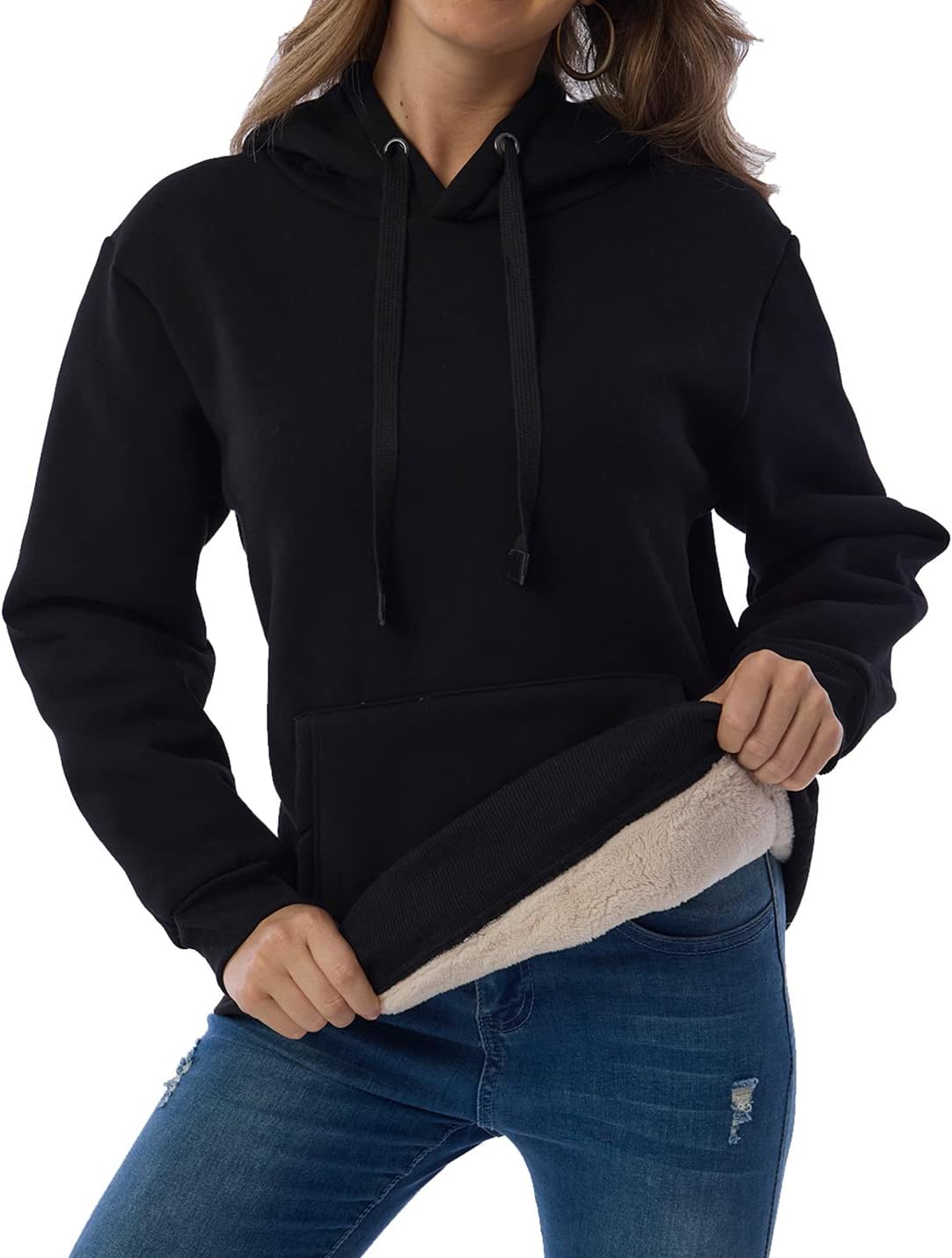Gnveub Women's Casual Winter Warm Fleece Sherpa Lined Hooded Sweatshirt Thick Pullover Plus with Pockets