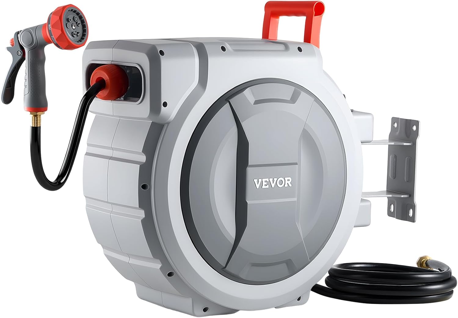 VEVOR Retractable Garden Hose Reel, 1/2 in x 130 ft, Wall Mounted Hose Reel with 9-Function Sprayer Nozzle and 180° Swivel Bracket, Any Length Lock, Automatic Slow Rewind System, for Garden Watering
