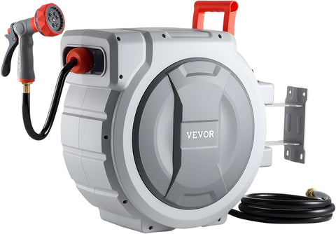 VEVOR Retractable Garden Hose Reel, 1/2 in x 130 ft, Wall Mounted Hose Reel with 9-Function Sprayer Nozzle and 180° Swivel Bracket, Any Length Lock, Automatic Slow Rewind System, for Garden Watering