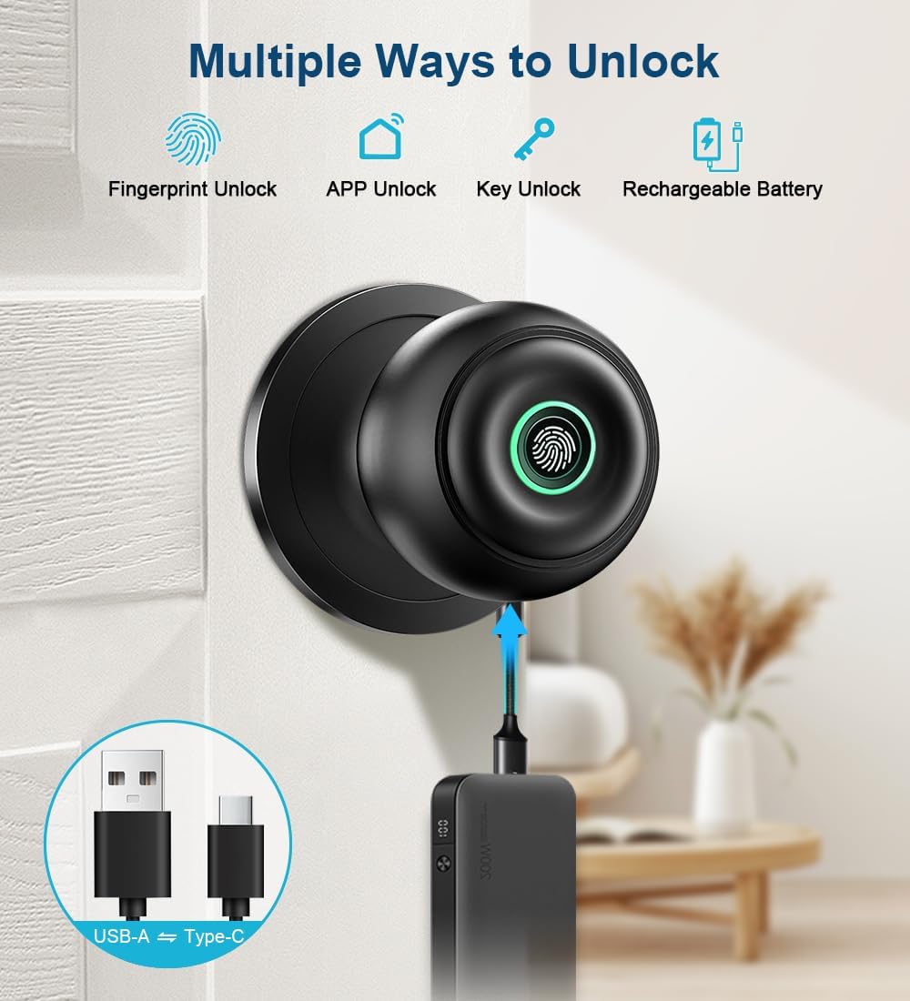 Fingerprint Door Lock, Smart Fingerprint Door Knob with Lock, Matte Black