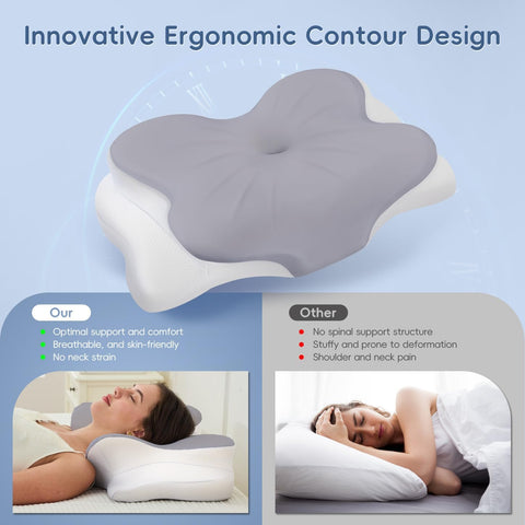 Cervical Neck Pillow, Memory Foam Pillow with Dual Height, Grey