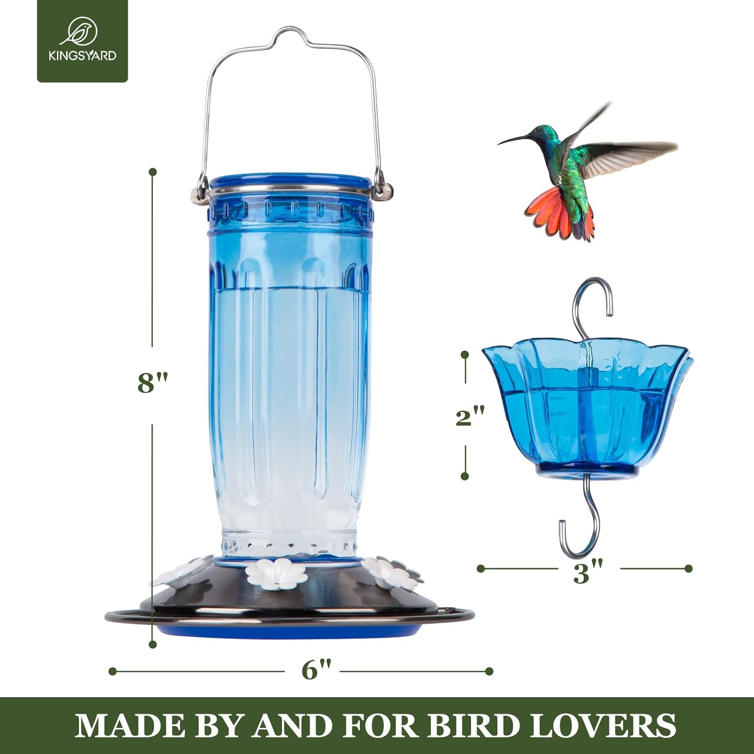 Kingsyard Glass Hummingbird Feeder for Outdoors Wild Bird Feeder with 6 Feeding Ports Hanging for Garden Yard, Blue (Ant Moat Included)