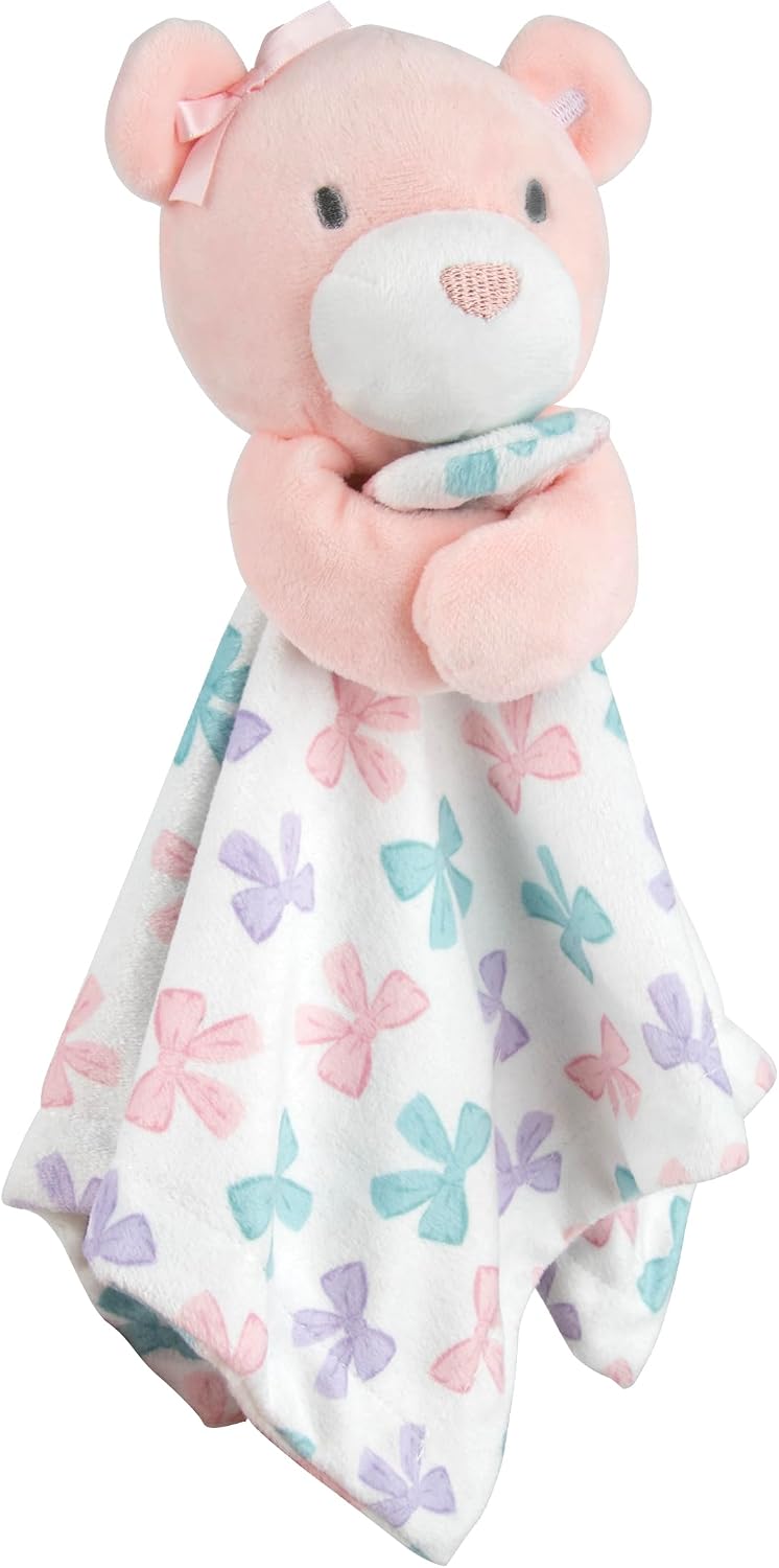 Baby Essentials Minky Animal Snuggler Lovey Blanket for Kids, Babies, Girls Security Blanket with Stuffed Animal (Pastel Bows Bear)