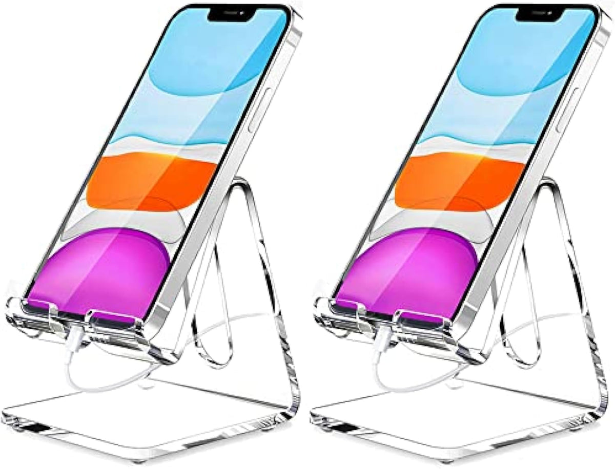 Crpich Acrylic Cell Phone Stand, Portable Phone Holder, Clear Phone Stand for Desk, Compatible with Phone16 15 14 13 12 Pro Max 11 Xr Plus SE, Switch, Android Smartphone, Pad, Desk Accessories, 2 Pack
