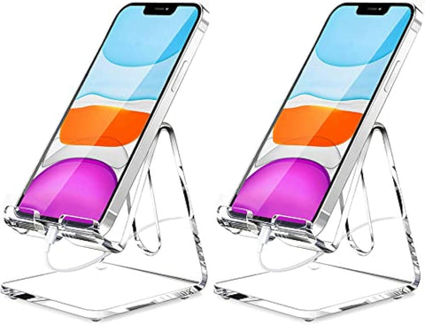 Crpich Acrylic Cell Phone Stand, Portable Phone Holder, Clear Phone Stand for Desk, Compatible with Phone16 15 14 13 12 Pro Max 11 Xr Plus SE, Switch, Android Smartphone, Pad, Desk Accessories, 2 Pack