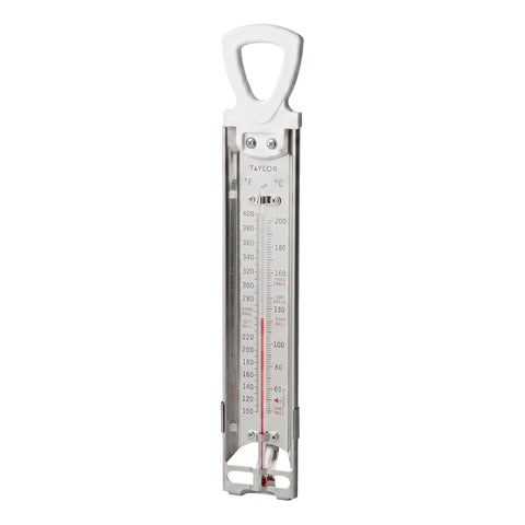 Taylor Stainless Steel Candy and Deep Fry Thermometer, 12-Inch Analog Paddle with Pan Clip, Ideal for Frying, Sugar, Brewing, Syrup, and More, White