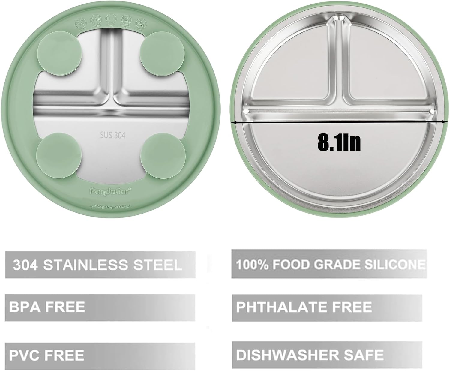 PandaEar 2 Pack Stainless Steel Baby Suction Plates with 2 Pack Spoons