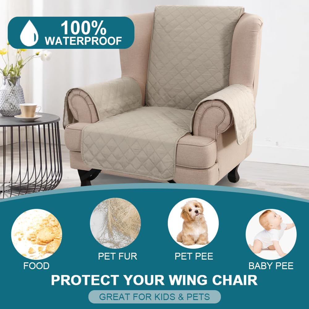 Turquoize 100% Waterproof Wing Chair Cover Wing Chair Slipcovers, Pale Oak
