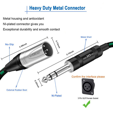 XLR Male to 1/4 Cable 3ft 2 Pack 1 Meter Green Braided