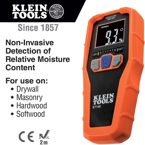 Klein Tools ET140 Pinless Moisture Meter for Non-Destructive Moisture Detection in Drywall, Wood, and Masonry; Detects up to 3/4-Inch Below Surface