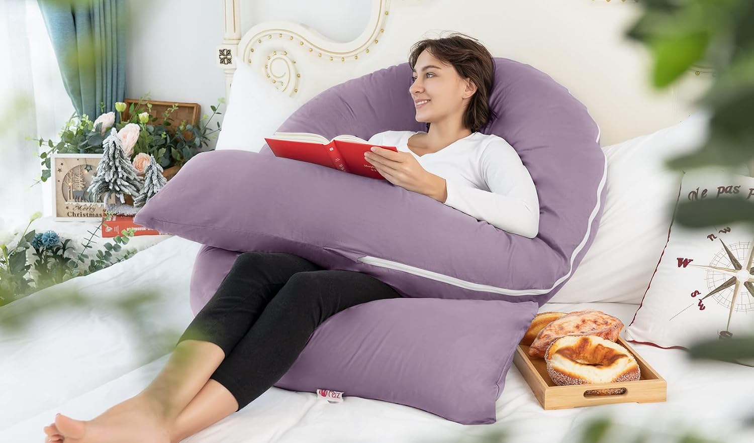 Meiz U Shaped Pregnancy Pillows for Sleeping, 65" Maternity Pillow for Full Body Support, Cooling Pregnancy Pillow with Jersey Cover, Purple