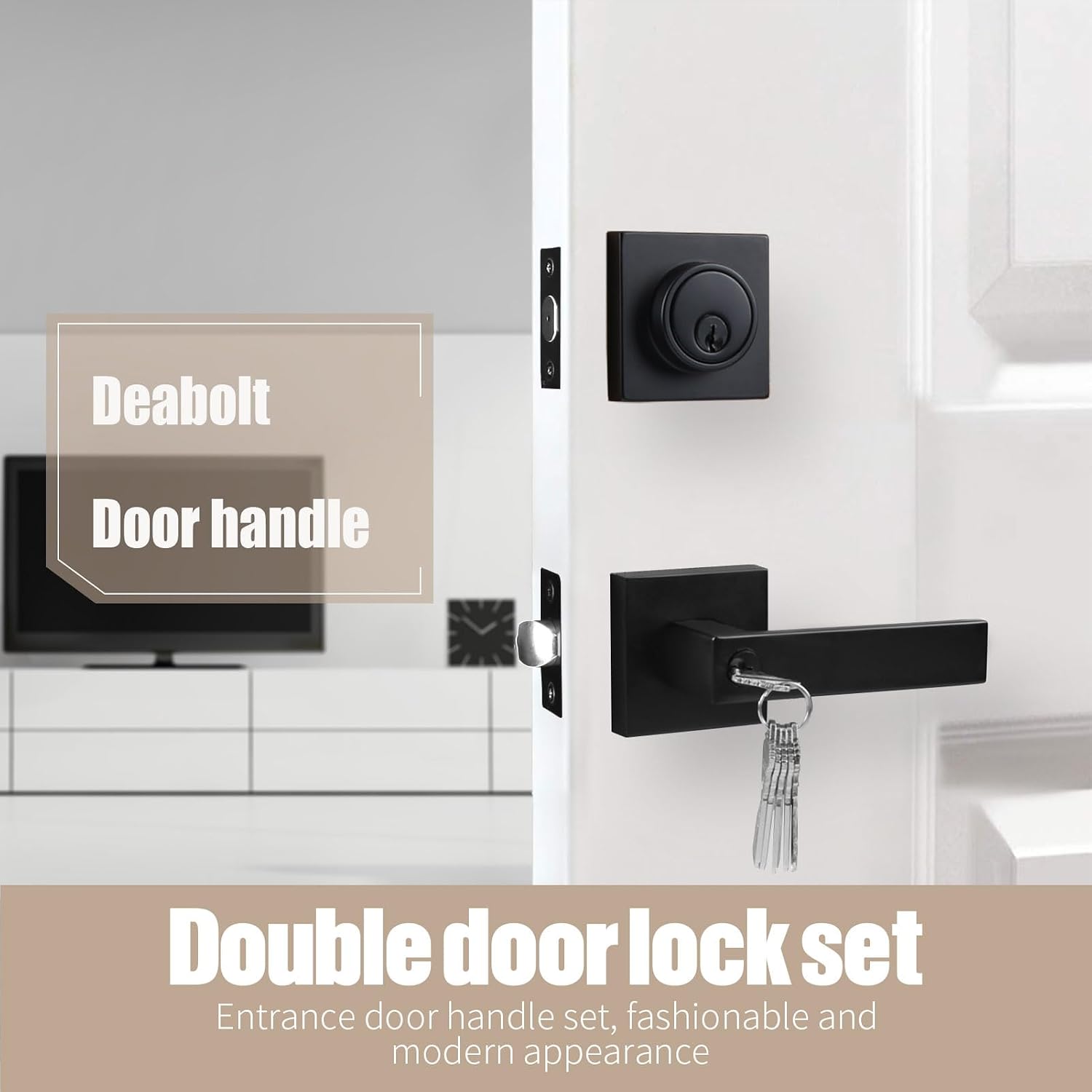 Exterior Door Lock Set with Deadbolt, Keyed Alike Door Handle with Lock, Heavy Duty Matte Black Door Knob and Deadbolt Combo for Front Entry Door, 2 Pack