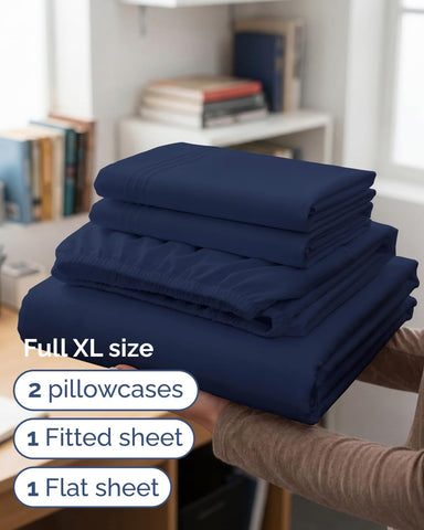 Full XL Sheets - 4 Piece Full XL Sheet Set - Cool & Breathable - Navy Blue
