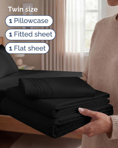 Twin Size 3 Piece Sheet Set - Comfy Breathable & Cooling Sheets - Black