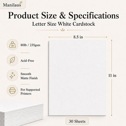 White Cardstock 8.5 x 11, Heavy 80 lb Card Stock Paper, 30 Sheets.