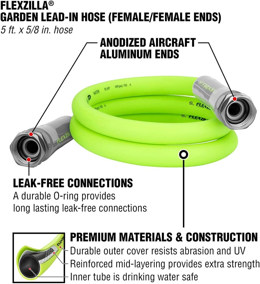 Flexzilla Garden Lead-in Hose, 5/8" x 5', Female/Female 3/4" - 11 1/2 GHT Fittings
