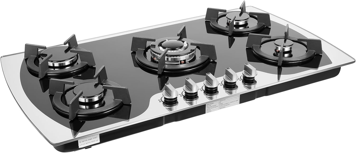 Gas Cooktop 36'' Gas Stove Top with 5 Burners Suitable for Dual Fuel LPG/NG, Tempered Glass Stovetop Cooker for for Kitchen, Home, Apartments, RVs