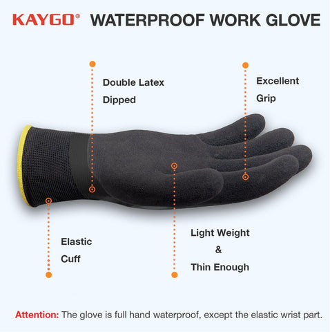 KAYGO Waterproof Work Gloves, Non-Slip Double Latex Coated, KG150