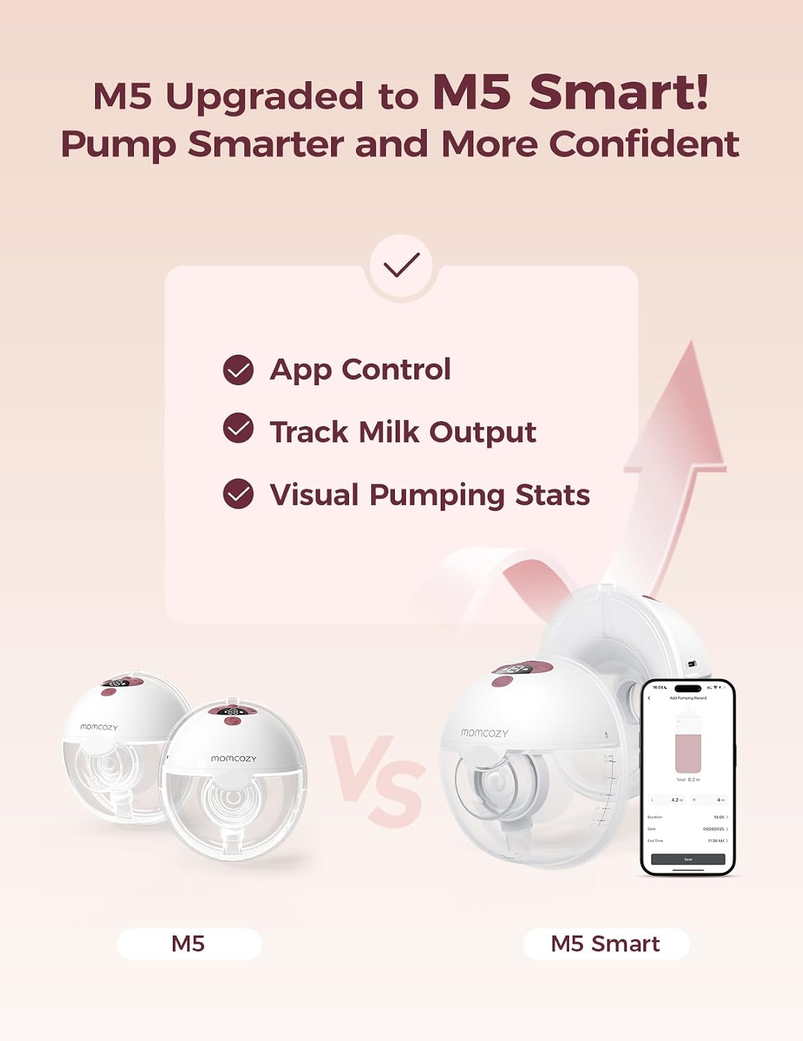 Momcozy M5 Smart APP Controlled Wearable Breast Pump, 2-Pack Cozy Red