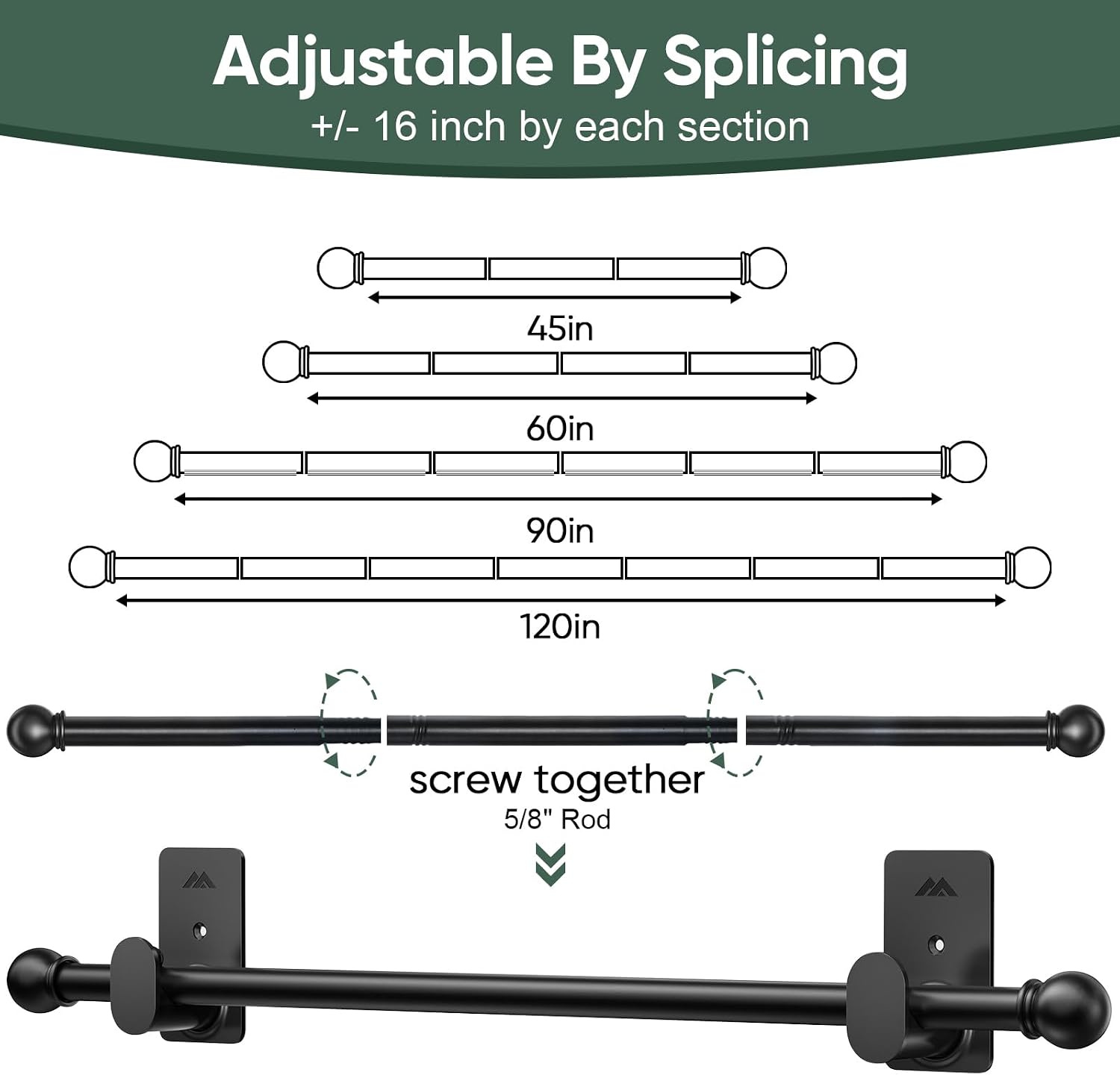 ZNONOX Curtain Rods No Drilling for Windows 30 to 45 Inches,5/8 Inch Diameter No Drill Curtain Rod Set with 3M Adhesive Brackets, Black