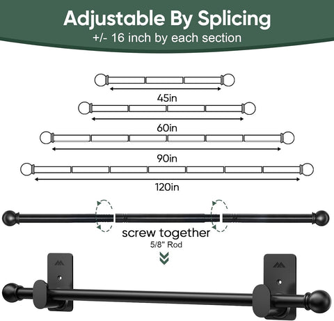 ZNONOX Curtain Rods No Drilling for Windows 30 to 45 Inches,5/8 Inch Diameter No Drill Curtain Rod Set with 3M Adhesive Brackets, Black