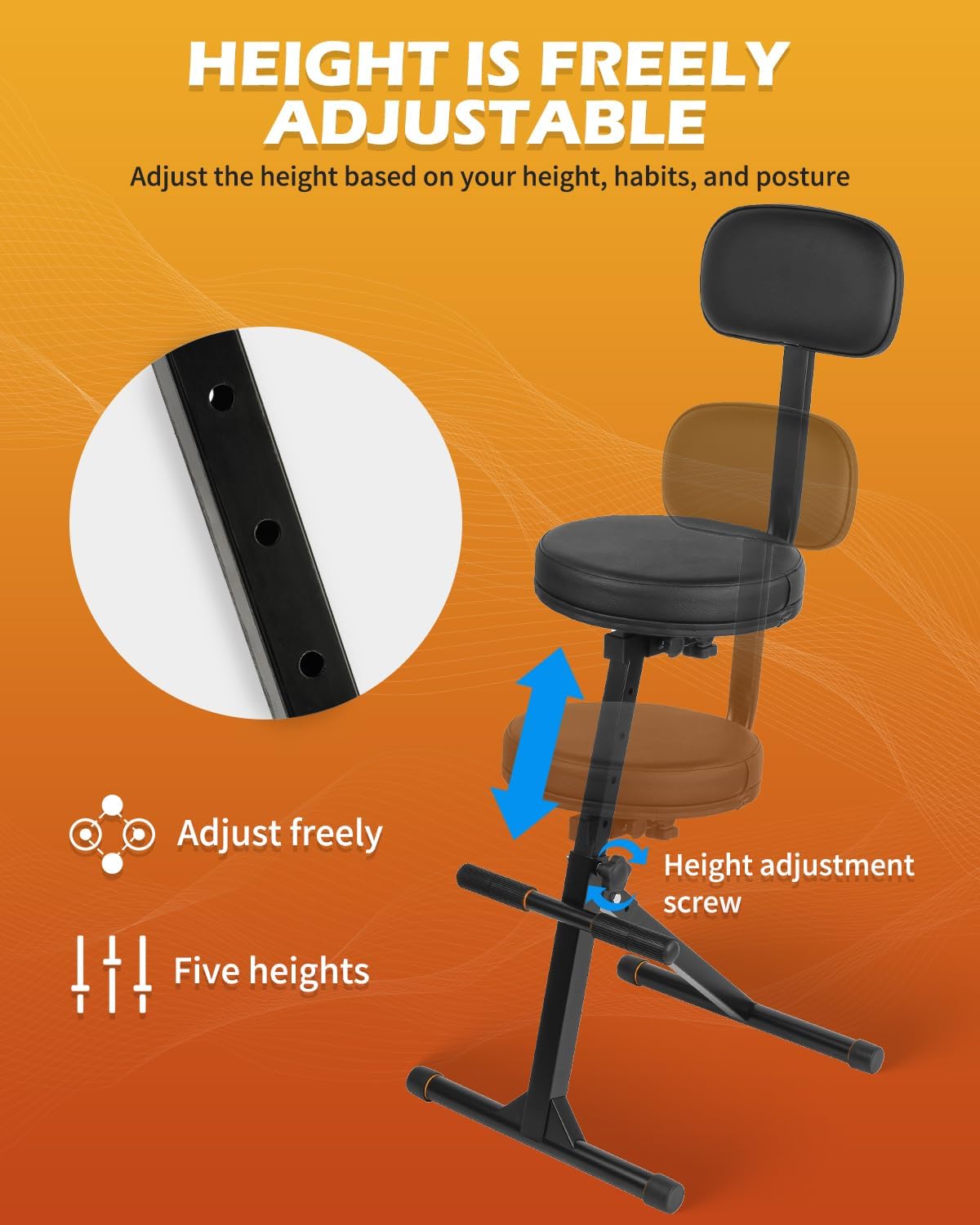 STRICH Guitar Stool With Backrest, Height Adjustable Seat With Hanger for Acoustic, Electric & Bass Guitars, Musician Drum Throne for Adults, Drummer, and Guitarist, SGT-30B
