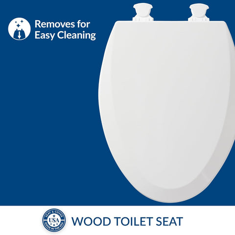 Bemis Wood Elongated Toilet Seat, Easy Clean Hinges, White