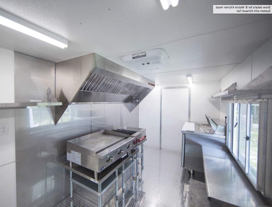 Food Truck Low Profile Exhaust Hood System Includes a stainless steel exhaust hood, an exhaust fan, an adjustable duct section, and installation hardware (5' Long Hood & Fan)