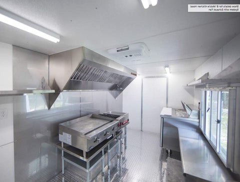 Food Truck Low Profile Exhaust Hood System Includes a stainless steel exhaust hood, an exhaust fan, an adjustable duct section, and installation hardware (5' Long Hood & Fan)