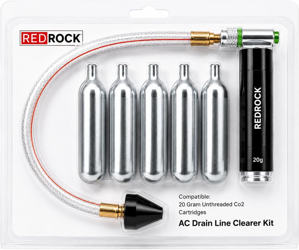 RedRock Gallo Drain Gun AC Drain Line Cleaner Tool, HVAC Air Conditioner Condensate Blaster Cleaning Kit with Flexible Hose Pipe, Includes 5 Unthreaded CO2 Cartridges, 20 Grams