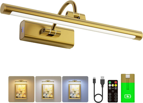 16" Gallery Picture Light with 1pcs Extra 6000mAh Battery- Brass Cordless Rechargeable Wall Sconce with Remote for Library, Study Room, Art & Renter Use