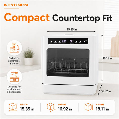 Countertop Dishwasher 800W Portable Mini Dishwasher 6.8L/1.8 Touch Controls Gallon Portable Dishwasher Countertop with 360° Rotating Spray for Apartment RV Dorms