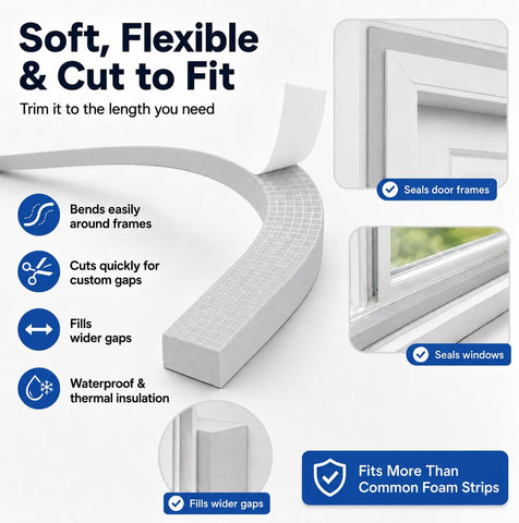 33FT EVA Foam Weather Stripping Door Seal, Self-Adhesive Weatherstrip Tape for Door Frame, Window Gaps, Soundproof Insulation