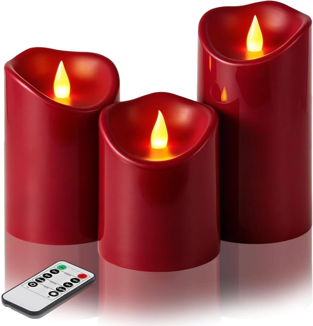Flameless Candles 4" 5" 6" Set of 3 Outdoor Indoor Burgundy Pillars Battery Operated Flickering Candles with Cozy Climbing Flame Effect, 8-Key Remote Timer, Plastic LED Candles for Wedding Decor
