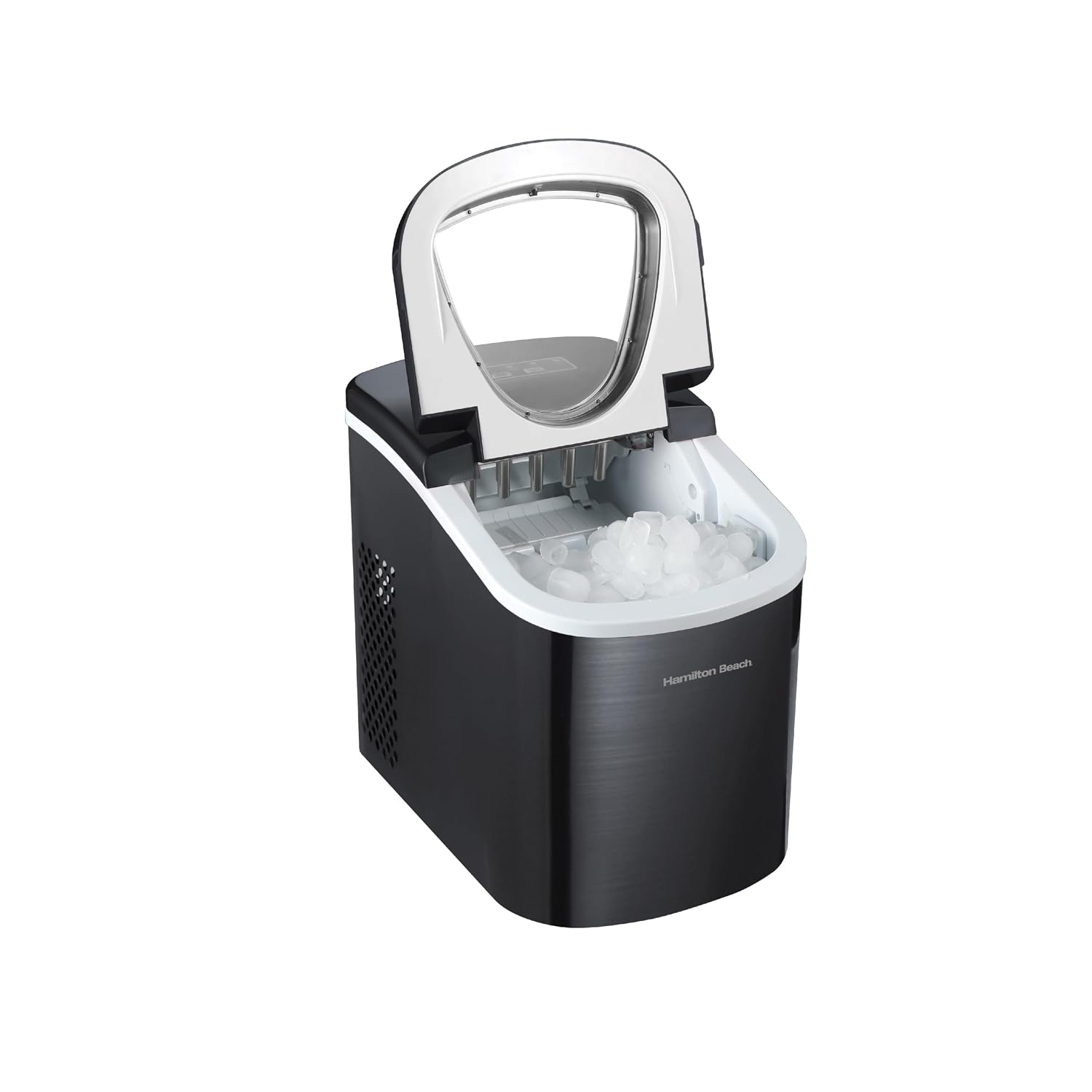 HAMILTON BEACH Compact Countertop Ice Maker Machine (Black Stainless) - Never Run Out of Ice Again for Water, Coffee, & More | Get 26lbs of Ice Per Day