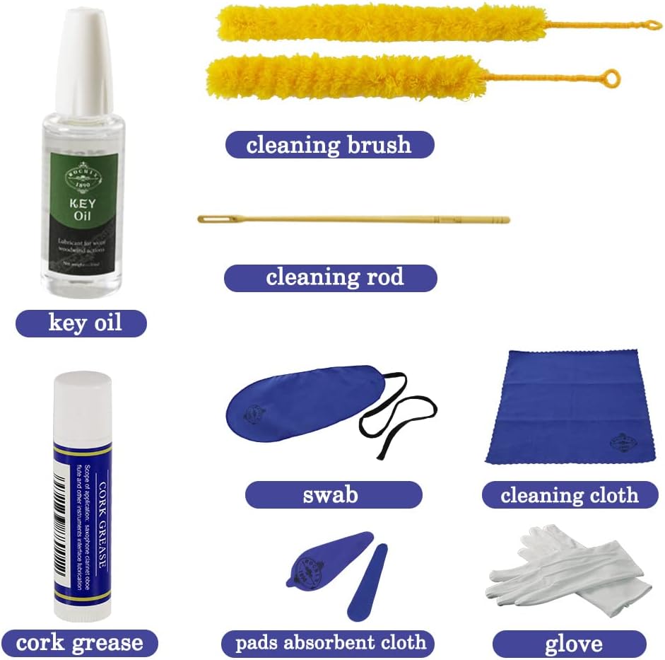 Flute Cleaner Care Cleaning Kit,Maintenance Kit,Key Oil,Cork Grease,Swab,Cleaning Cloth,Cleaning Brush,Cleaning Rod(Random Color Cloths)