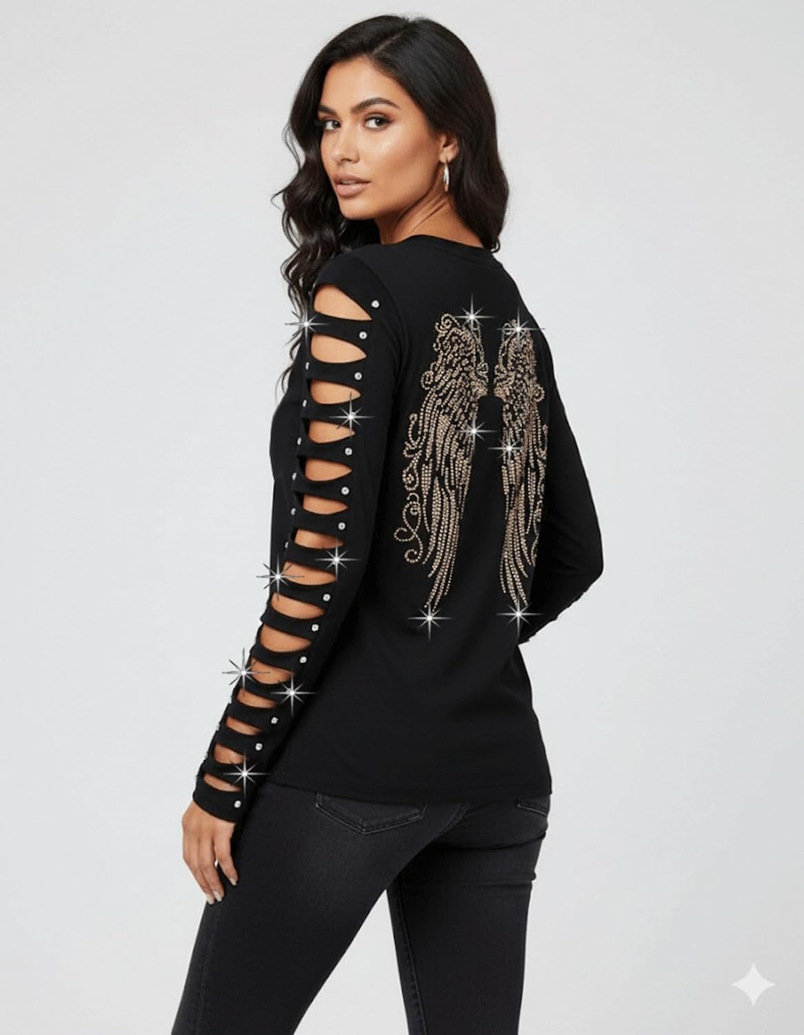Long Angel Wings Bling Rhinestones T-Shirt Ripped Cut Out, Sassy Classy Cute Sexy Graphic Long