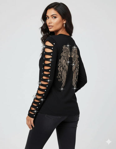 Long Angel Wings Bling Rhinestones T-Shirt Ripped Cut Out, Sassy Classy Cute Sexy Graphic Long